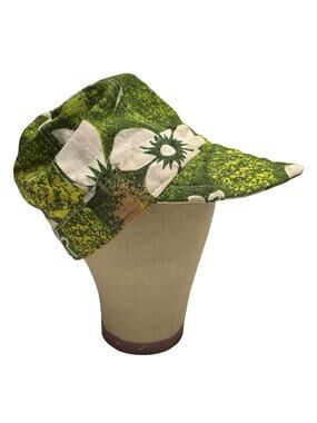 Vintage 60s 70s Cloth Hat 6 Panel Barkcloth Hawaiian Floral Print Hat Cap
